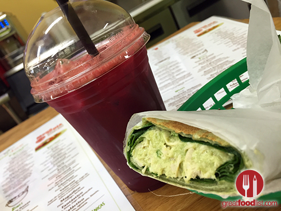 Spinach Chicken Wrap, and beet juice.
